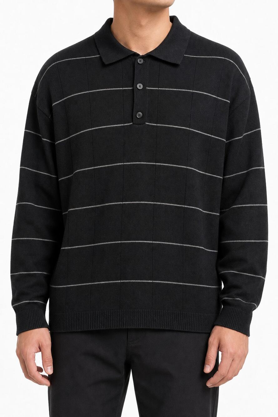 John Henry Men's XL Black Gray Striped Long Sleeve Cotton Blend Polo Sweater NWT
